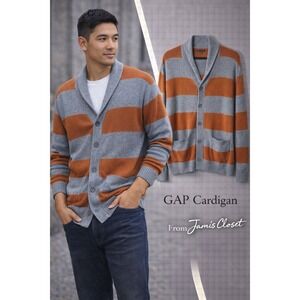 Gap Shawl Collar Striped Cardigan Sweater Gray Rust Orange Button Front Large